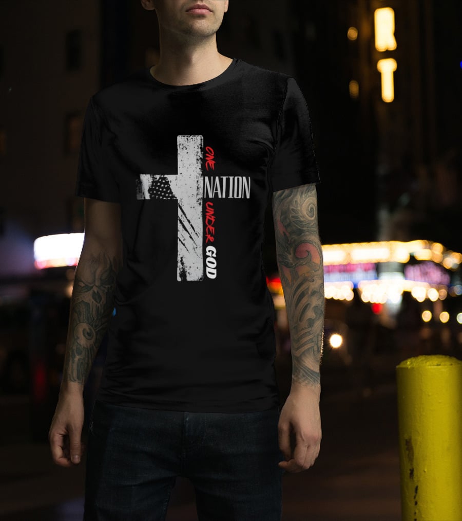One Nation Under God Distressed Cross American Flag Stars T-Shirt