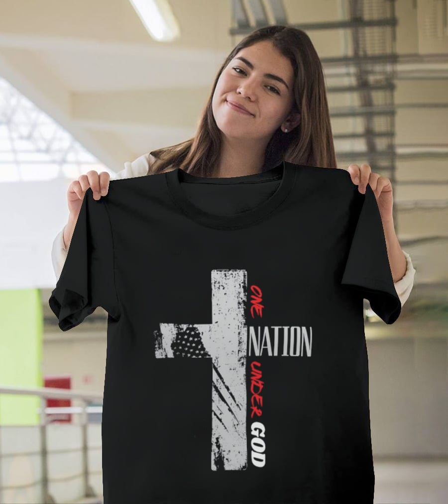 One Nation Under God Distressed Cross American Flag Stars T-Shirt