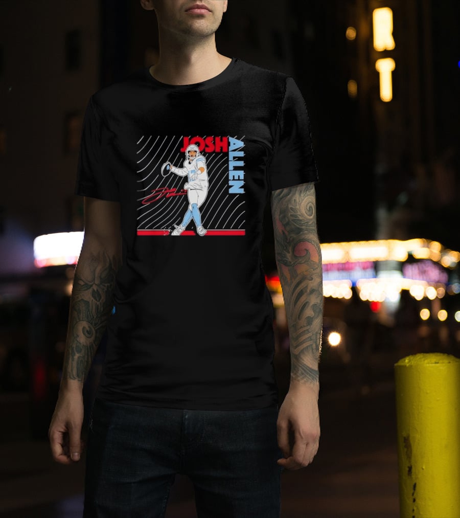 Josh Allen Quarterback Throwing Football Wavy Line Illustration With Bold Name T-Shirt