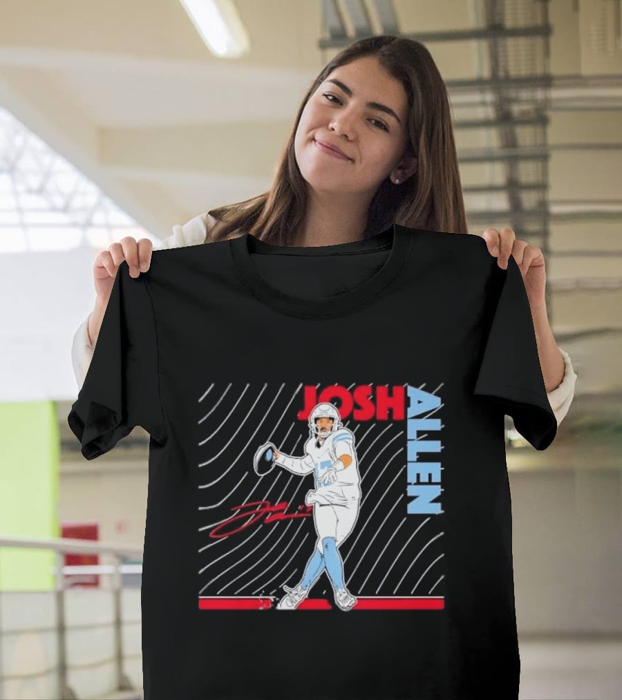 Josh Allen Quarterback Throwing Football Wavy Line Illustration With Bold Name T-Shirt