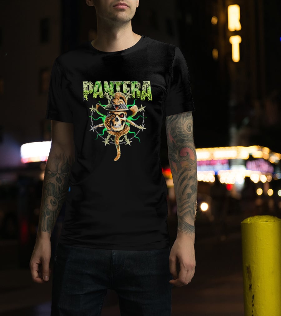 Pantera Rattlesnake Coiled Skull Cowboy Hat Green Glow T-Shirt