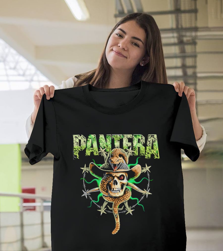 Pantera Rattlesnake Coiled Skull Cowboy Hat Green Glow T-Shirt