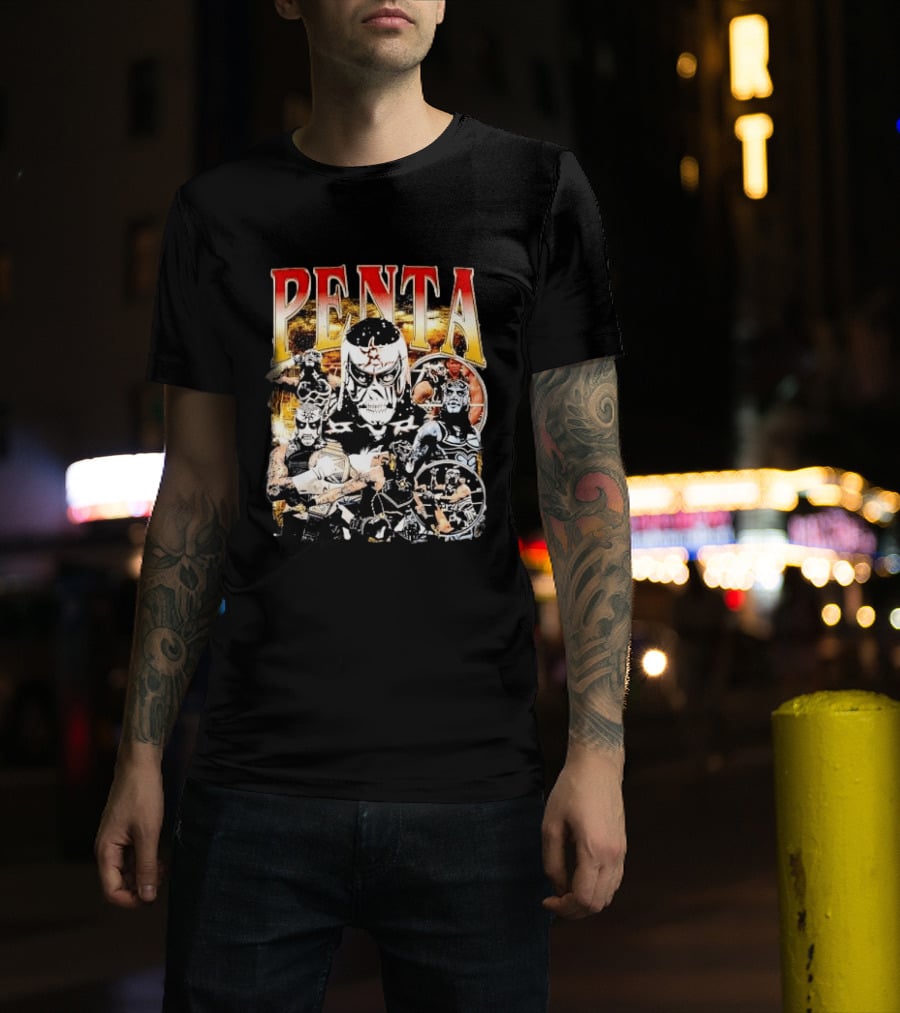 Penta Masked Luchador Wrestler Belt Photo Collage Bootleg T-Shirt