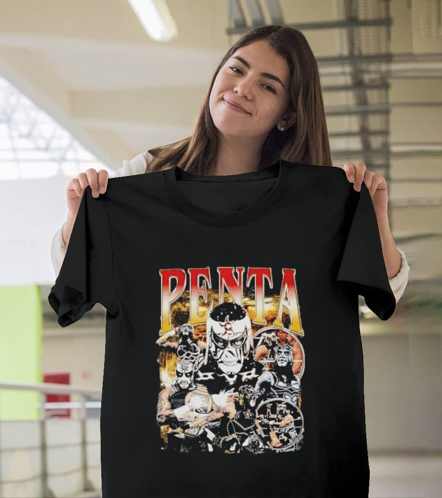 Penta Masked Luchador Wrestler Belt Photo Collage Bootleg T-Shirt