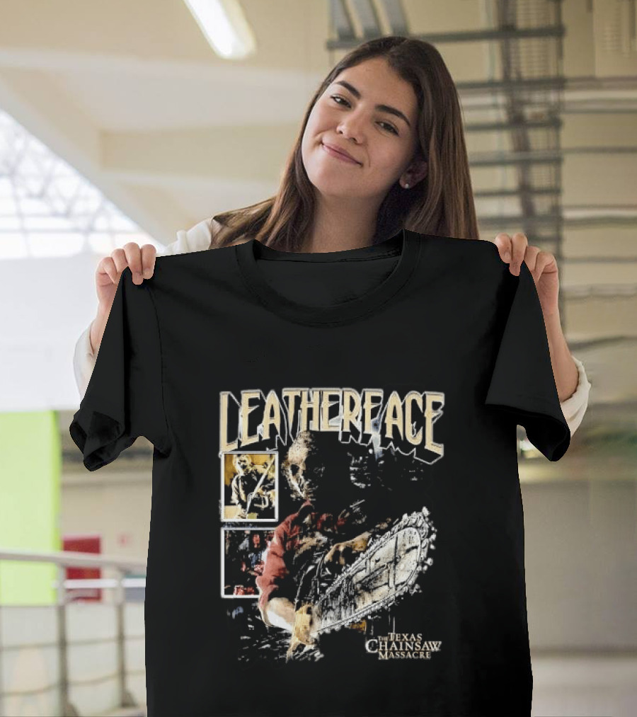 Leatherface Texas Chainsaw Massacre Horror Collage Holding Saw T-Shirt
