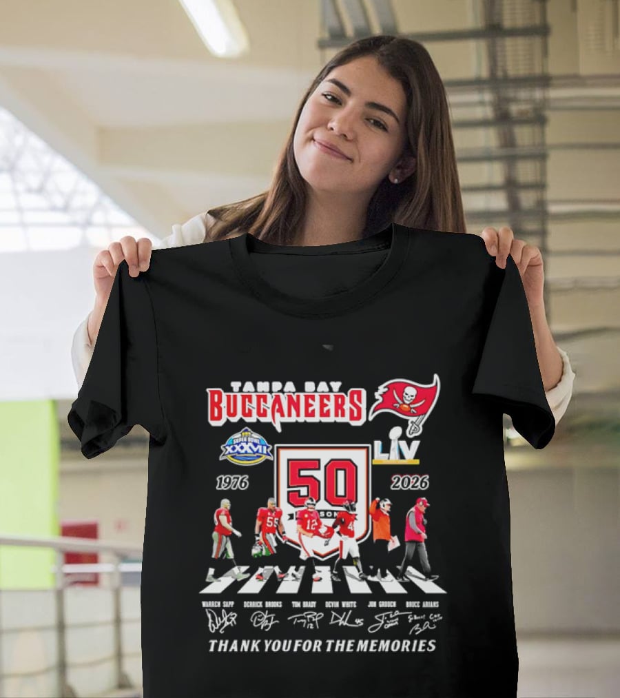 Tampa Bay Buccaneers 50th Anniversary Thank You For The Memories Warren Sapp Derrick Brooks Abbey Road Crosswalk 1976 2026 T-Shirt