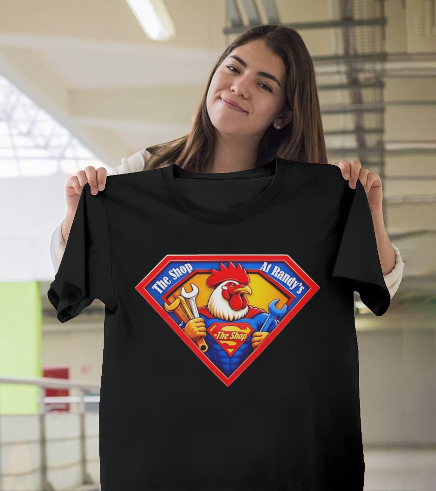 The Shop At Randy's Cartoon Rooster Superhero Wrenches Crest T-Shirt