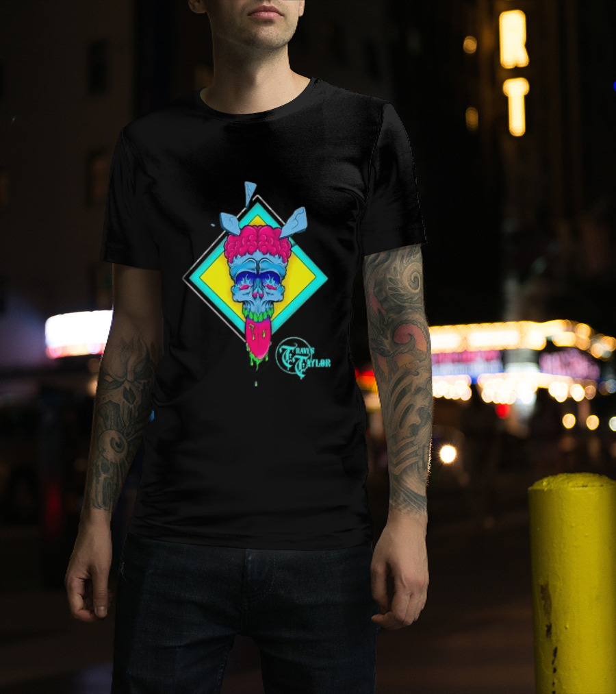 Travis Taylor Neon Skull Pink Brain Green Slime Tongue Diamond Geometric T-Shirt