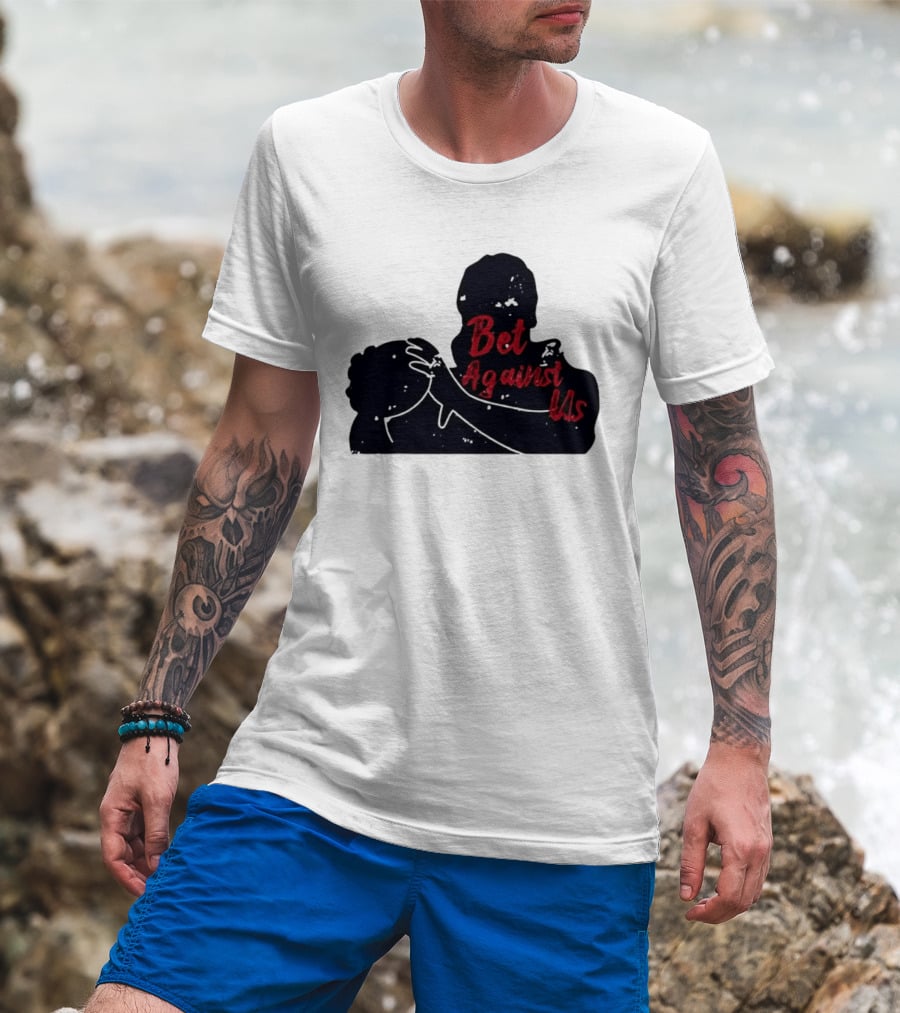 Bet Against Us Red Script Embracing Figures White Line T-Shirt