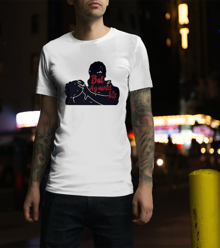 Bet Against Us Red Script Embracing Figures White Line T-Shirt