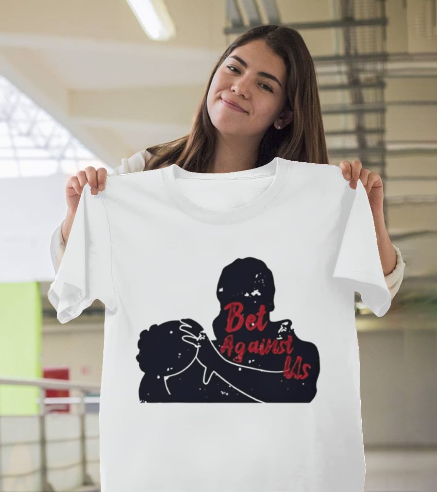 Bet Against Us Red Script Embracing Figures White Line T-Shirt
