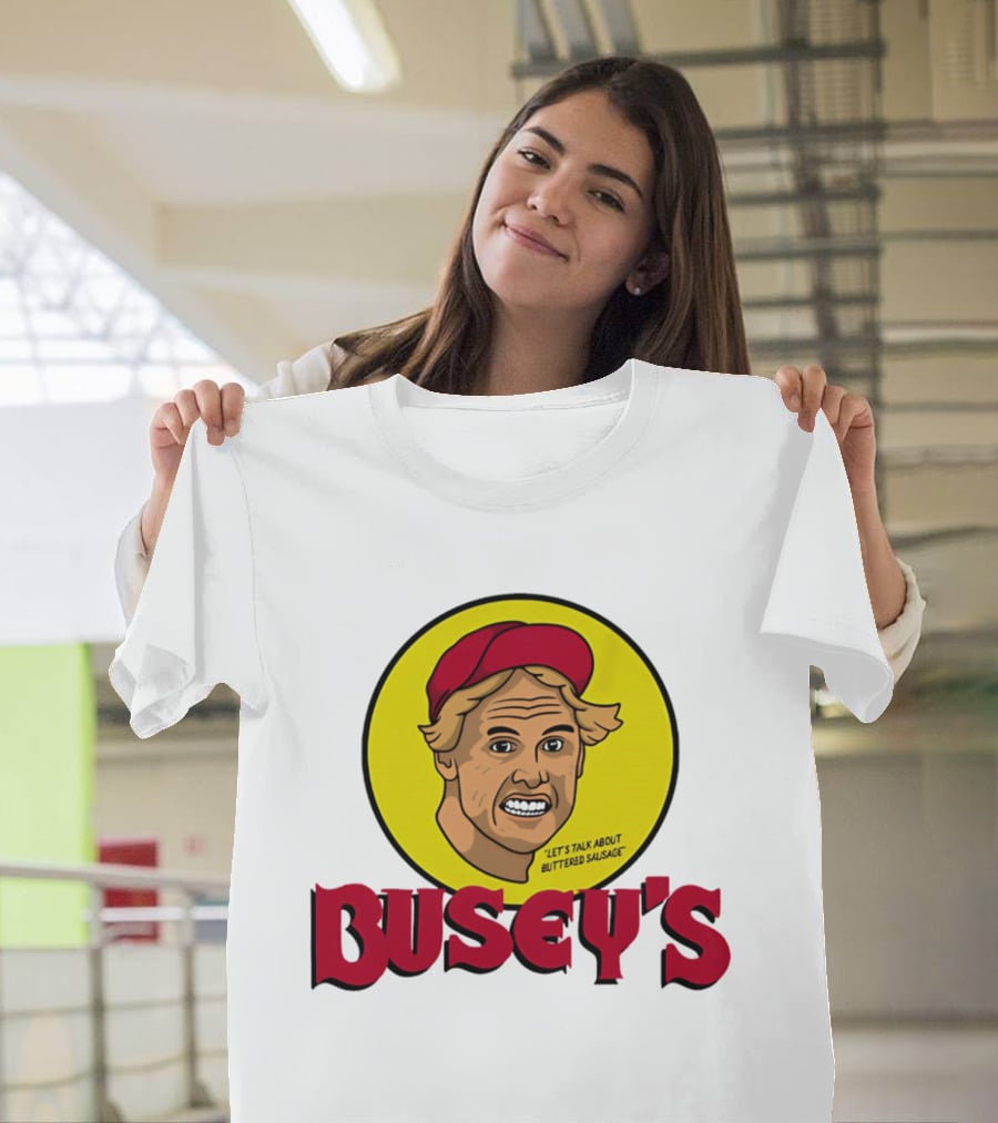 Busey's Let's Talk About Buttered Sausage Gary Busey Red Cap T-Shirt