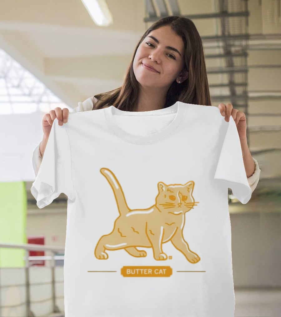 Butter Cat Yellow Orange Cartoon Walking Feline Line T-Shirt