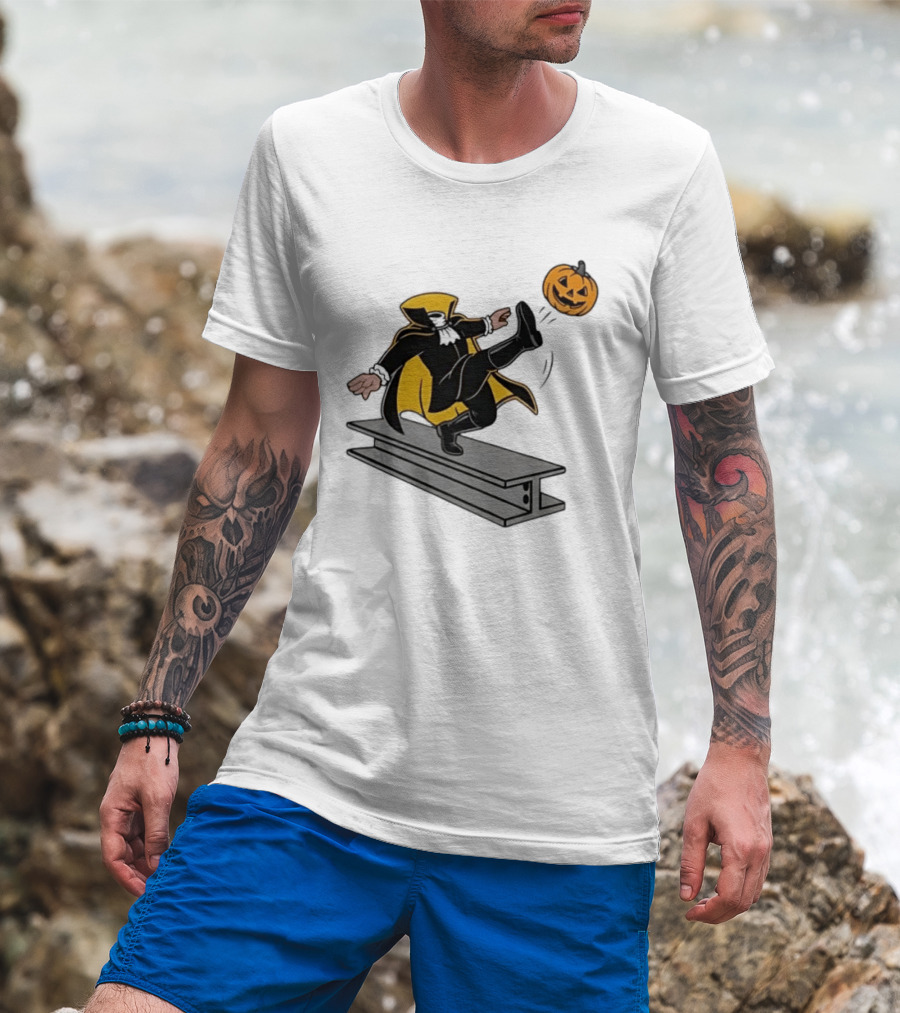 Cartoon Headless Horseman Kicking Jack O Lantern Pumpkin Steel Beam T-Shirt