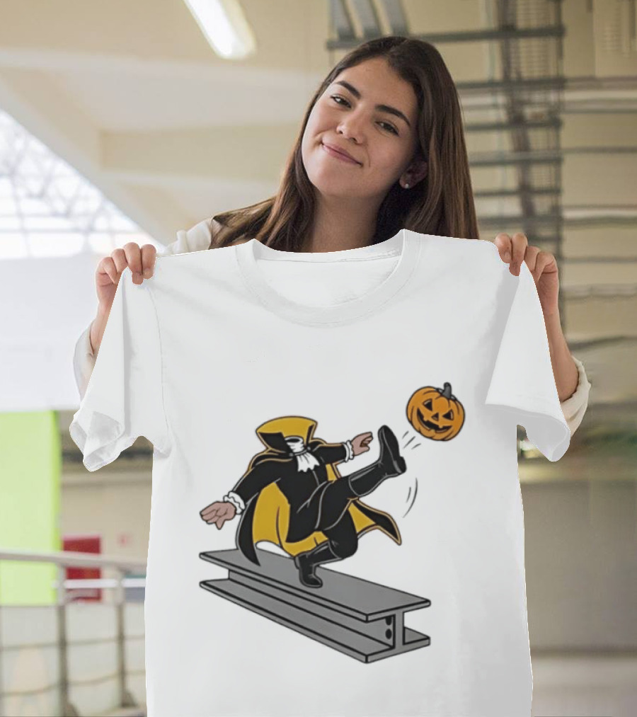 Cartoon Headless Horseman Kicking Jack O Lantern Pumpkin Steel Beam T-Shirt