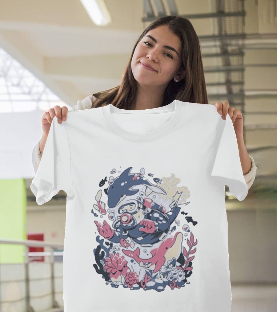 Fangamer Dolphins Dive Underwater Adventure With Diver And Marine Life T-Shirt