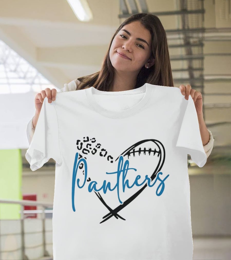 Panthers Heart Leopard Spots Football Laces Cursive Line T-Shirt