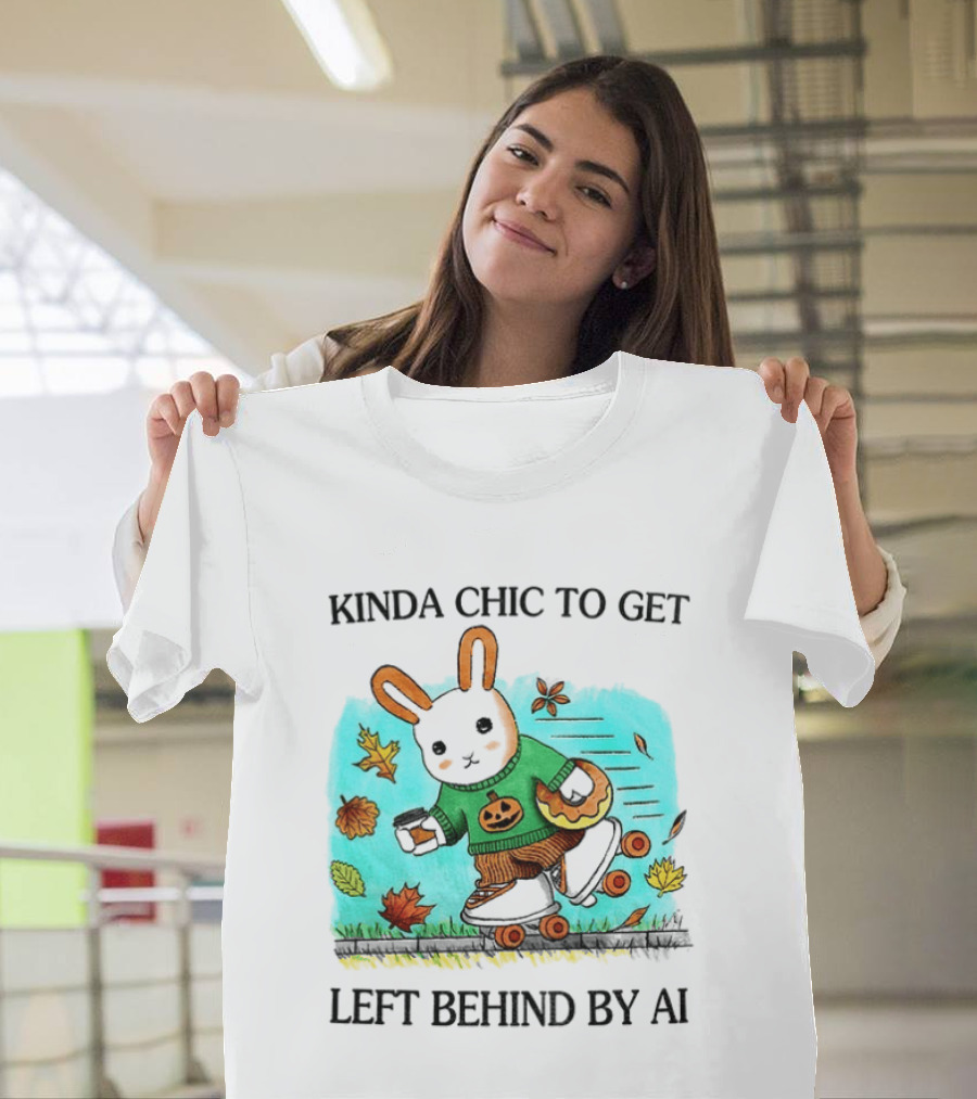 Kinda Chic Rabbit Roller Skating With Pumpkin Happy Fall Leaves Left Behind By AI T-Shirt