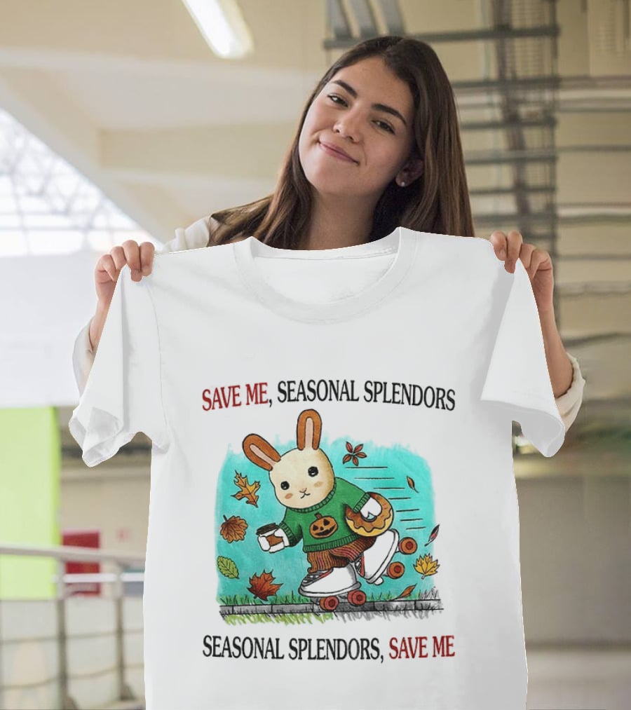 Skater Rabbit With Coffee And Donut Save Me Seasonal Splendors Leaves T-Shirt