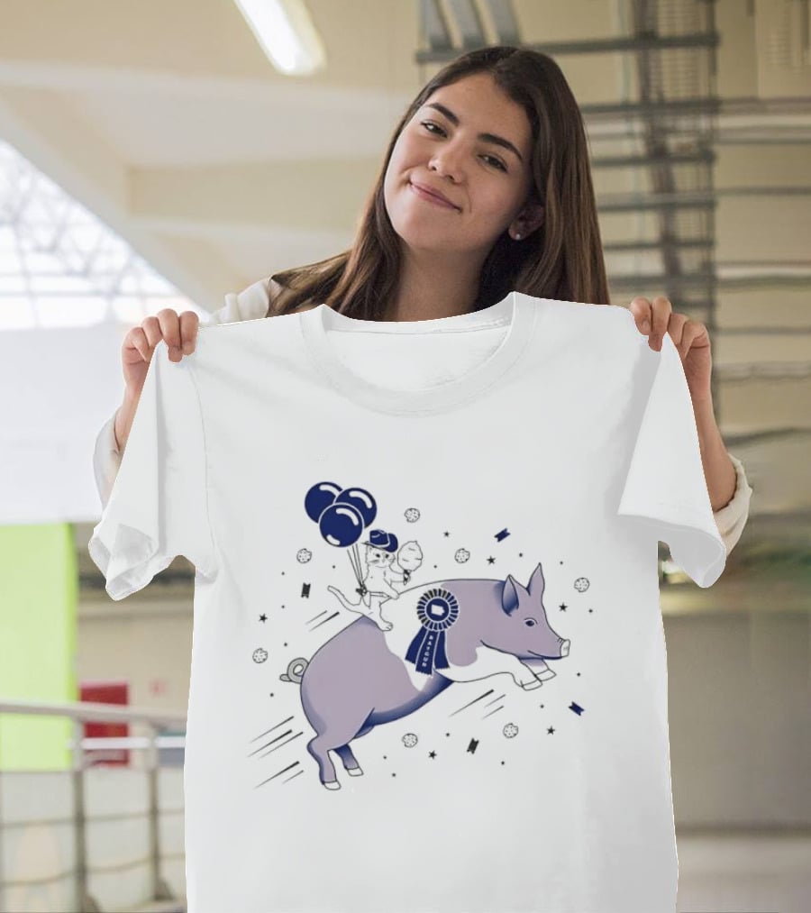 Raygun Cartoon Cowboy Cat Riding Flying Pig With Iowa Ribbon And Balloons T-Shirt