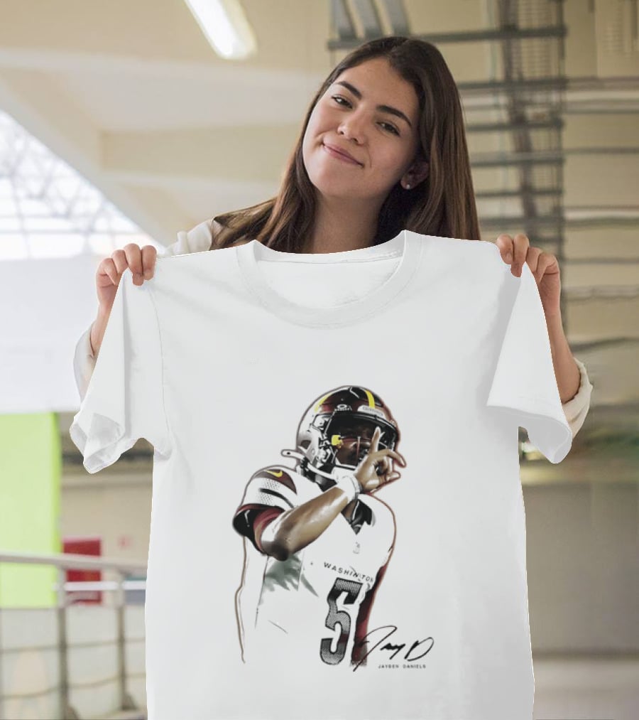 Washington Commanders Jayden Daniels Quarterback Finger To Lips Photo Cutout T-Shirt