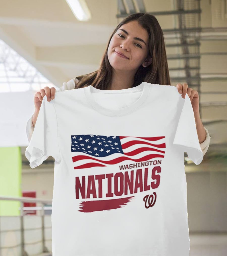 Washington Nationals Waving American Flag Red Brushstroke MLB T-Shirt