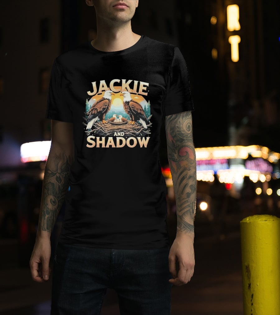 Jackie And Shadow American Eagles Family In Nest With Mountains And Sun T-Shirt