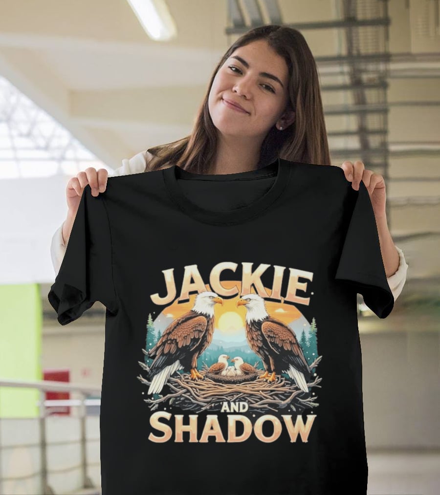 Jackie And Shadow American Eagles Family In Nest With Mountains And Sun T-Shirt
