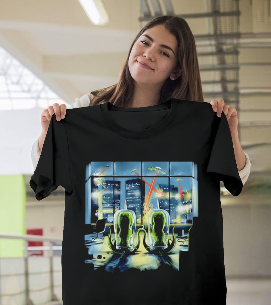 Project Rigel Alien Invasion City Battle Scene With Flying Saucers And Lasers T-Shirt