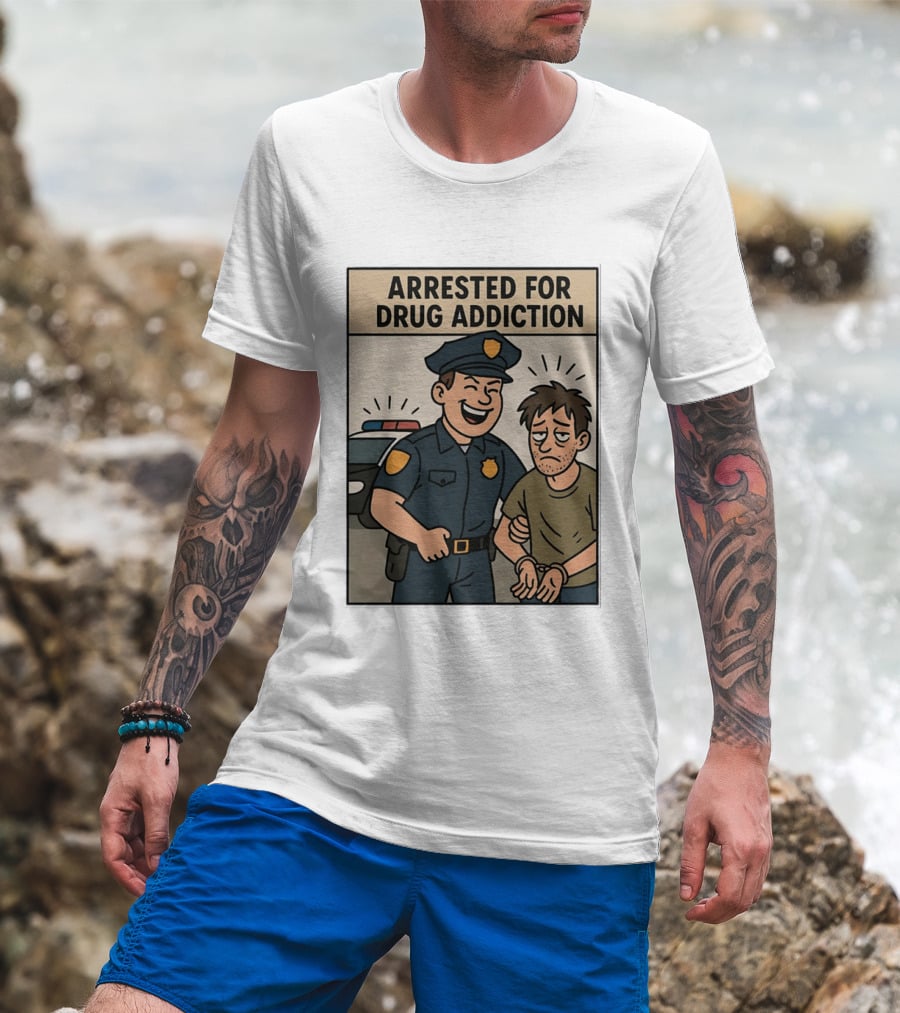 Arrested For Drug Addiction Cartoon Police Officer And Suspect T-Shirt