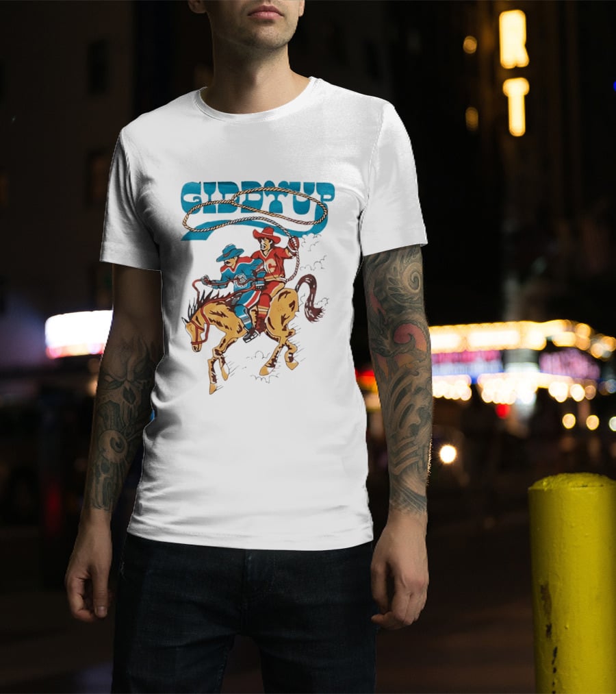 Calgary Flames Edmonton Oilers NHL Hockey Players Giddyup Cartoon Riding Bucking Horse Lasso T-Shirt