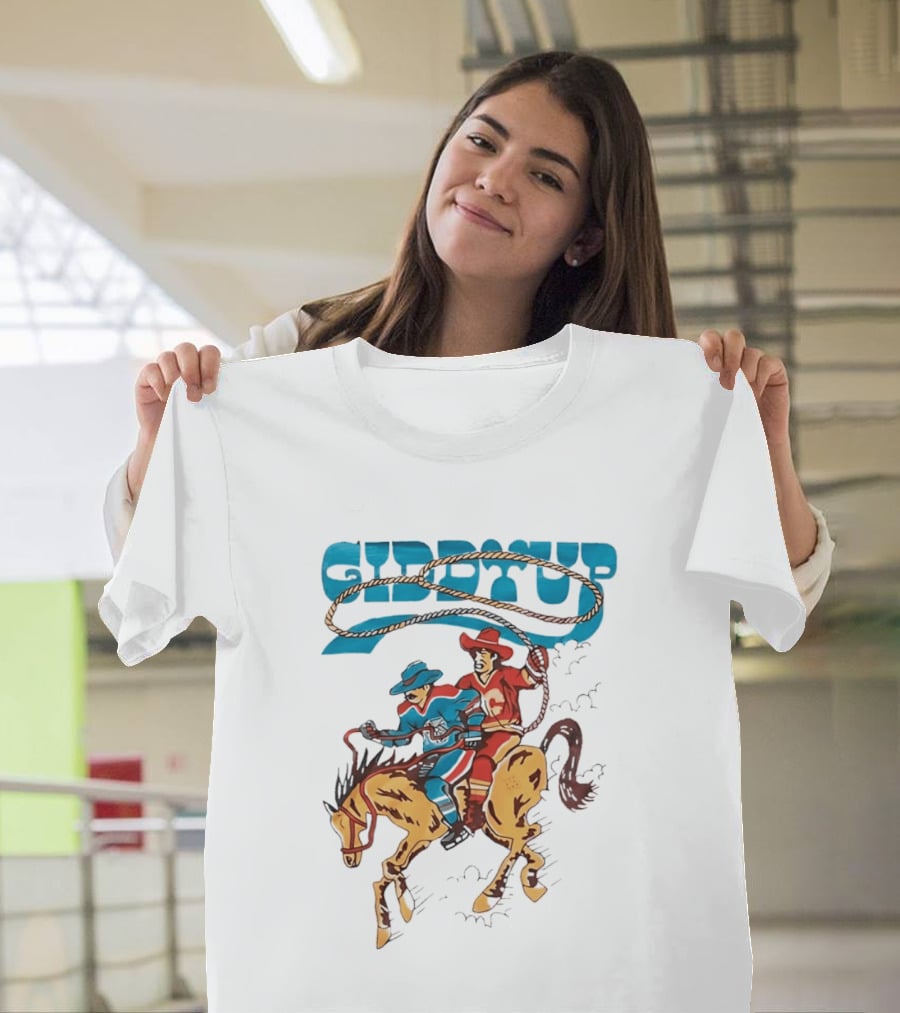 Calgary Flames Edmonton Oilers NHL Hockey Players Giddyup Cartoon Riding Bucking Horse Lasso T-Shirt