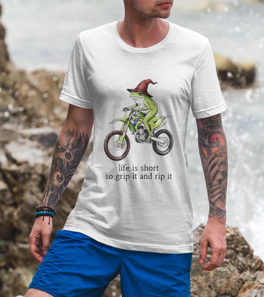 Life Is Short So Grip It And Rip It Frog Red Wizard Hat Green Dirt Bike Adventure T-Shirt