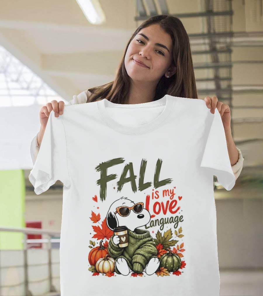 Fall Is My Love Language Cartoon Dog Cozy Green Sweater Pumpkins Leaves Coffee T-Shirt