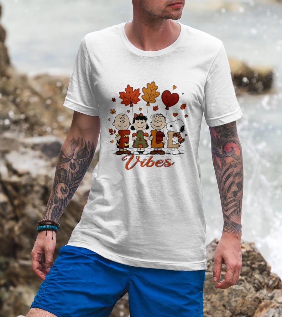 Fall Vibes Peanuts Characters With Leaf Balloons T-Shirt