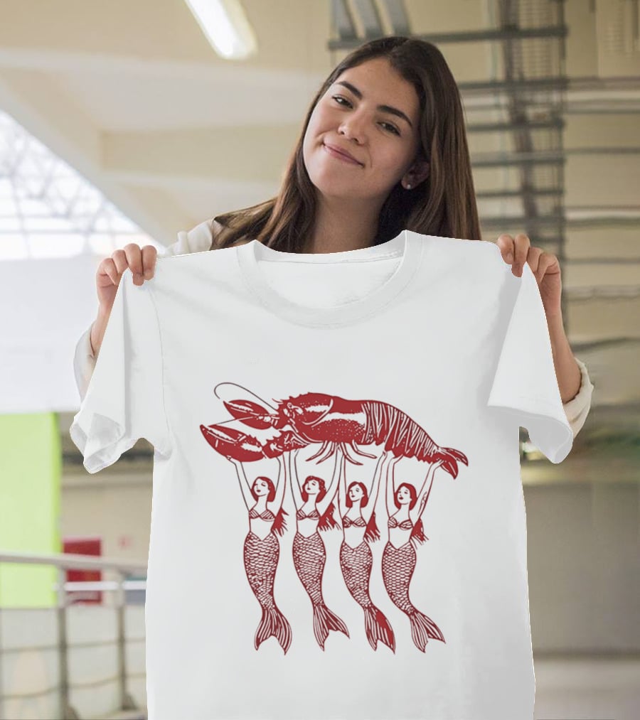 Four Mermaids Holding A Lobster Vintage Red Sea Creature T-Shirt