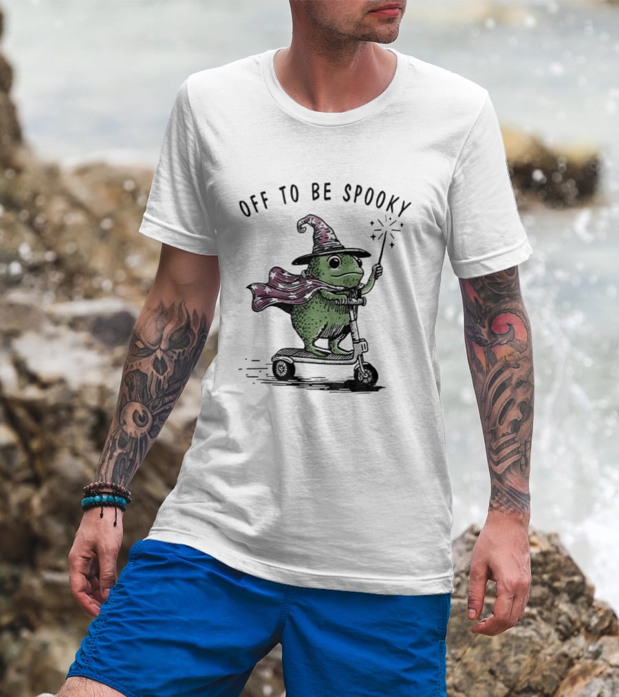 Frog Wizard On Scooter With Cape Off To Be Spooky Magic Wand T-Shirt