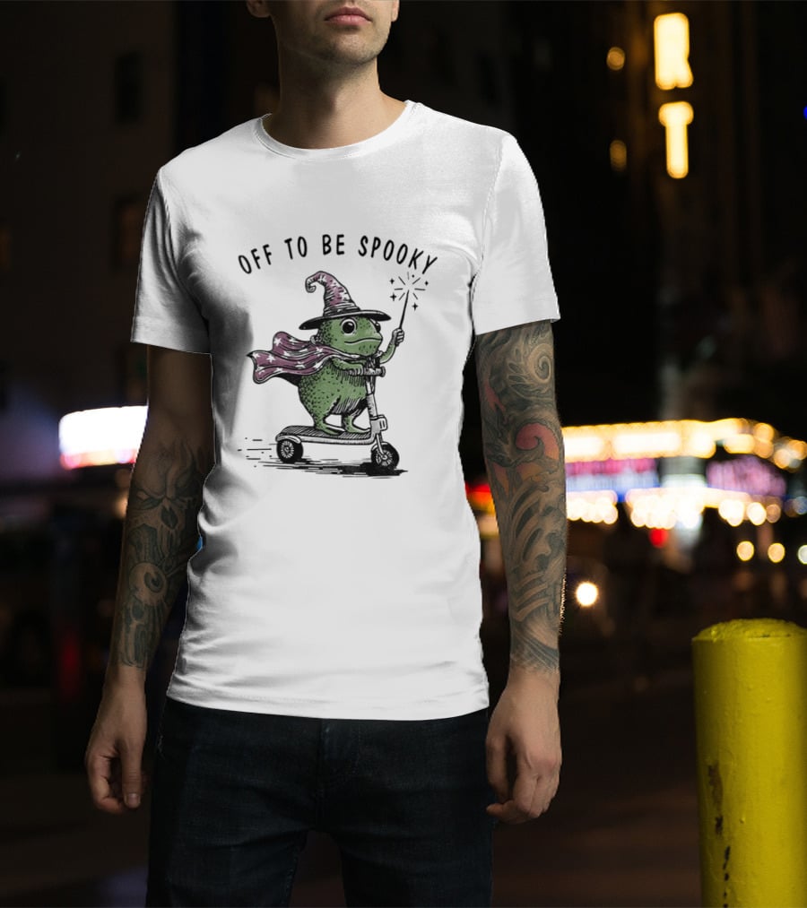 Frog Wizard On Scooter With Cape Off To Be Spooky Magic Wand T-Shirt
