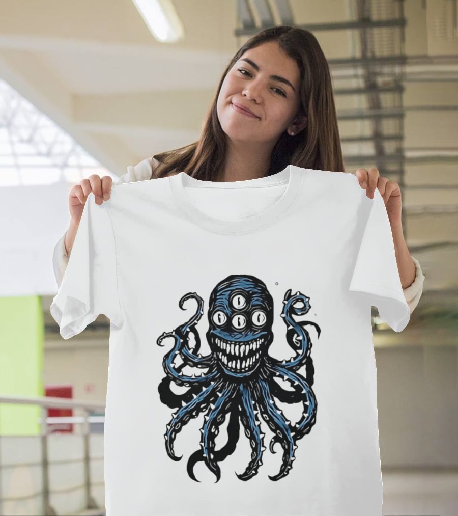 Monstrous Spiky Tentacles Blue Octopus Woodcut T-Shirt