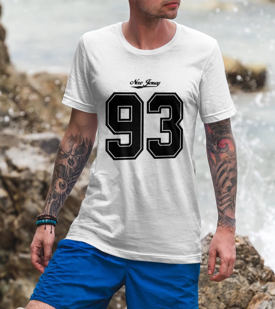 New Jersey 93 Cursive Script Black Varsity Block Number T-Shirt