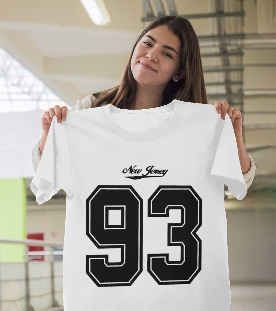 New Jersey 93 Cursive Script Black Varsity Block Number T-Shirt