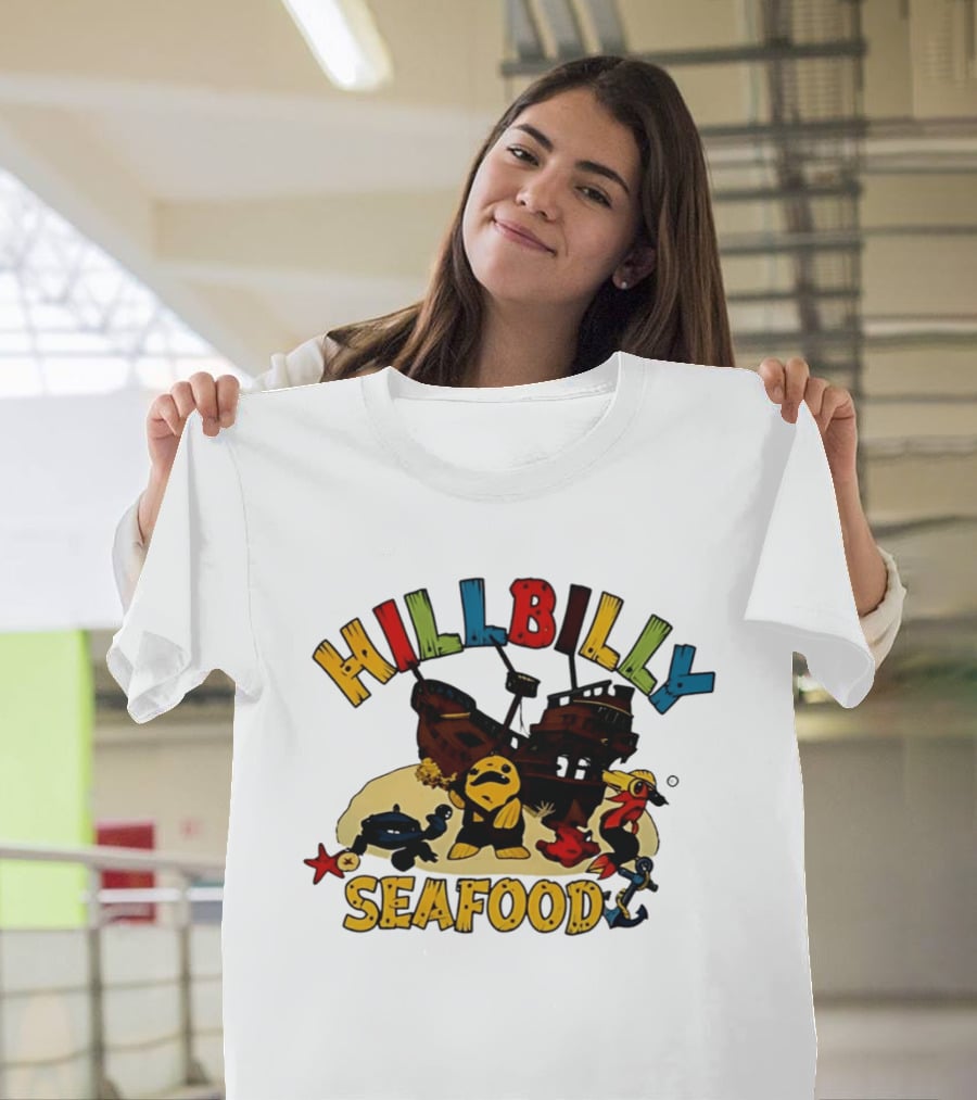 Hillbilly Seafood Cartoon Pirate Ship And Ocean Life Fish Adventure T-Shirt