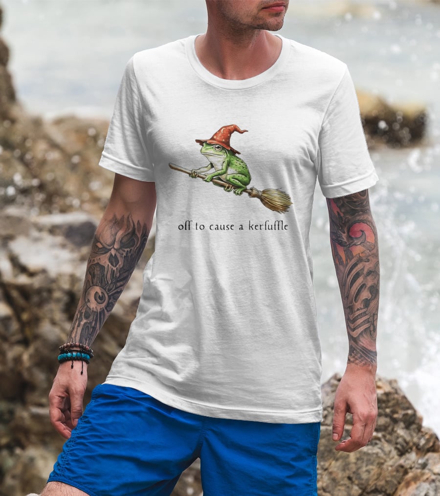Off To Cause A Kerfuffle Frog Wizard Hat Broomstick Adventure T-Shirt
