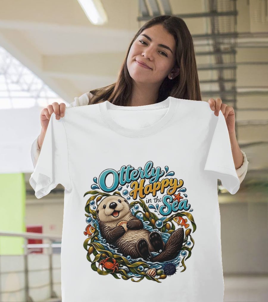 Otterly Happy In The Sea Cartoon Otter Floating With Kelp, Shell, Fish, Crab T-Shirt