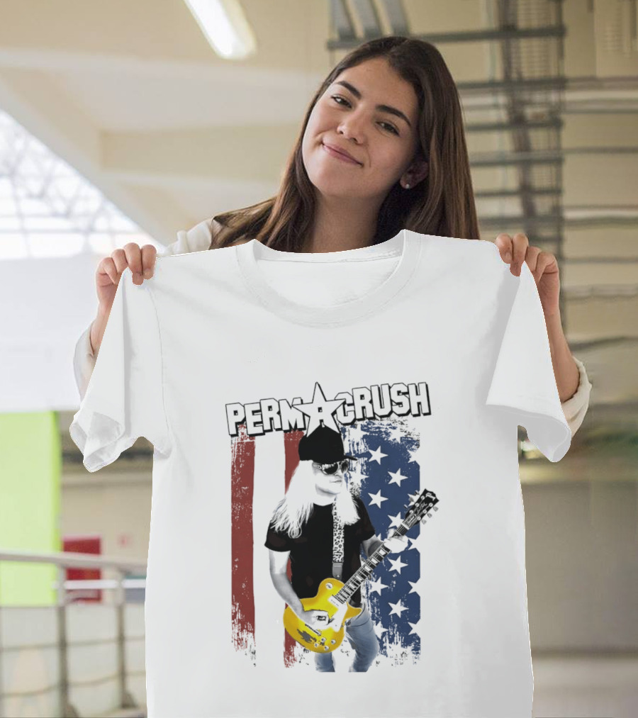 Perm A Crush Long Blonde Hair Yellow Guitar American Flag T-Shirt