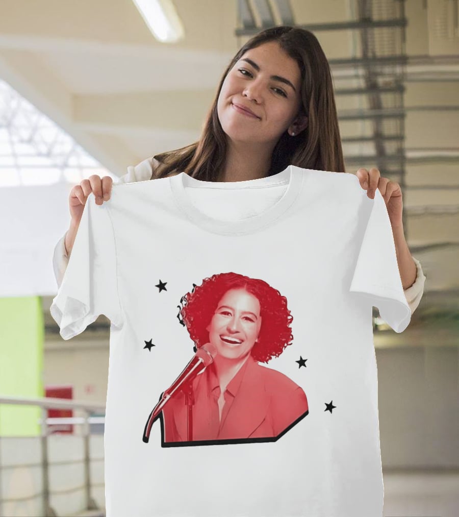 Red Tinted Woman Curly Hair Microphone Black Stars T-Shirt