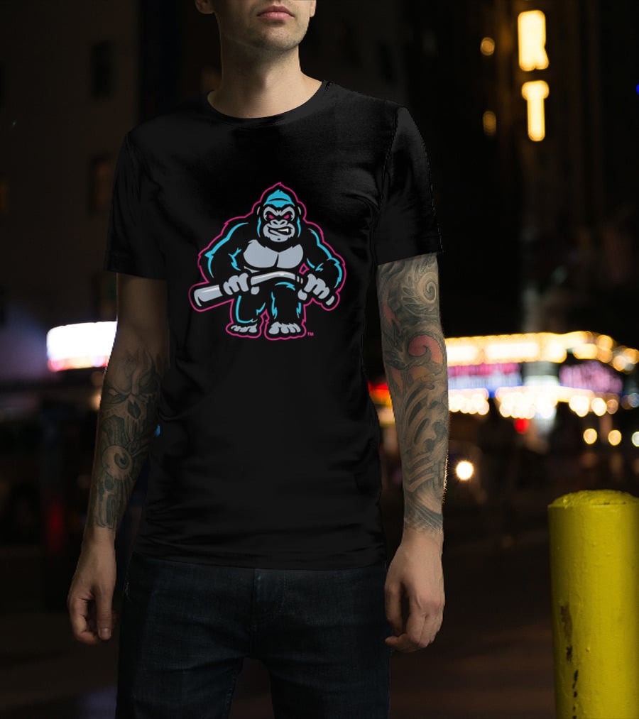 Aggressive Gorilla With Hockey Stick Neon T-Shirt