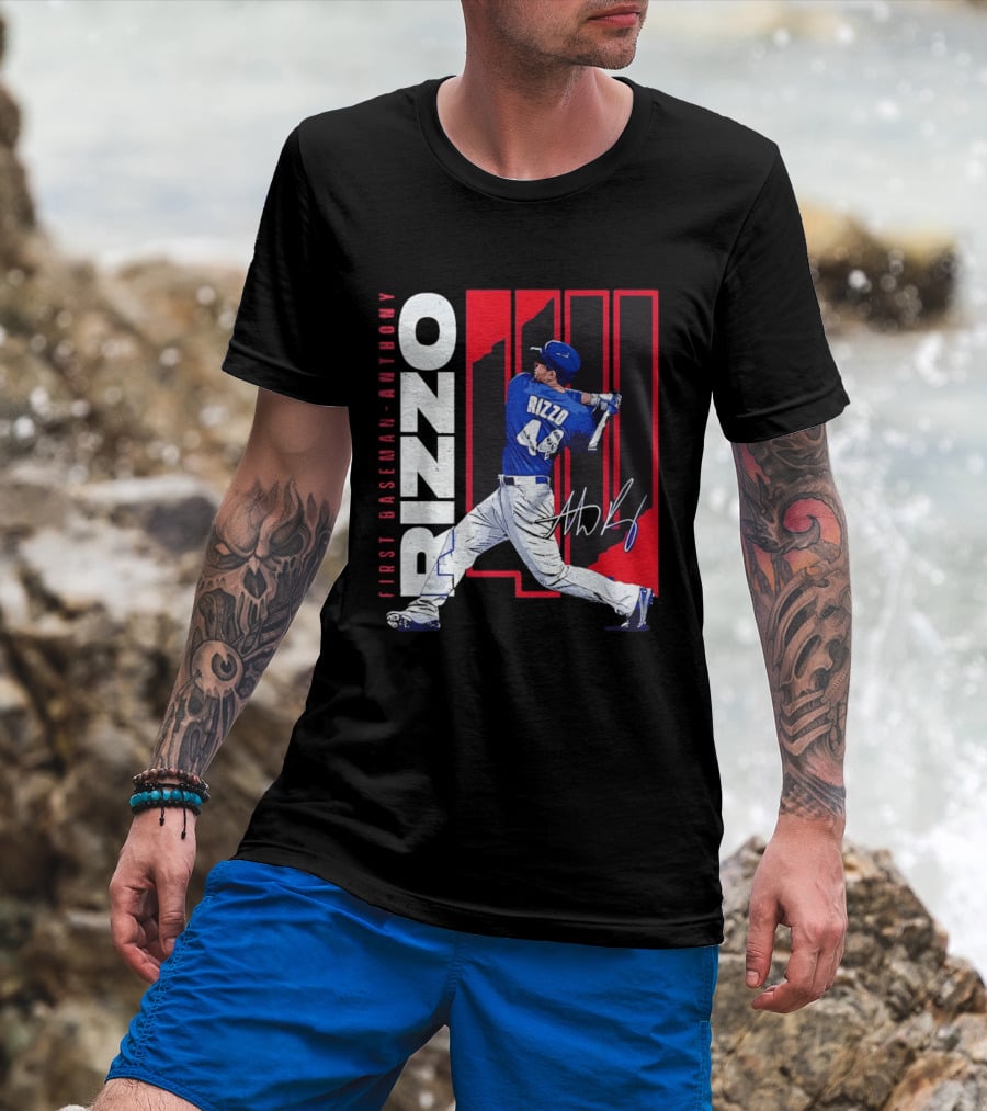 First Baseman Anthony Rizzo Swinging Action 44 Distressed T-Shirt