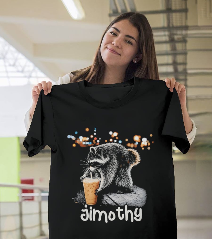 Jimothy Raccoon Sipping Iced Coffee Under Streetlights T-Shirt
