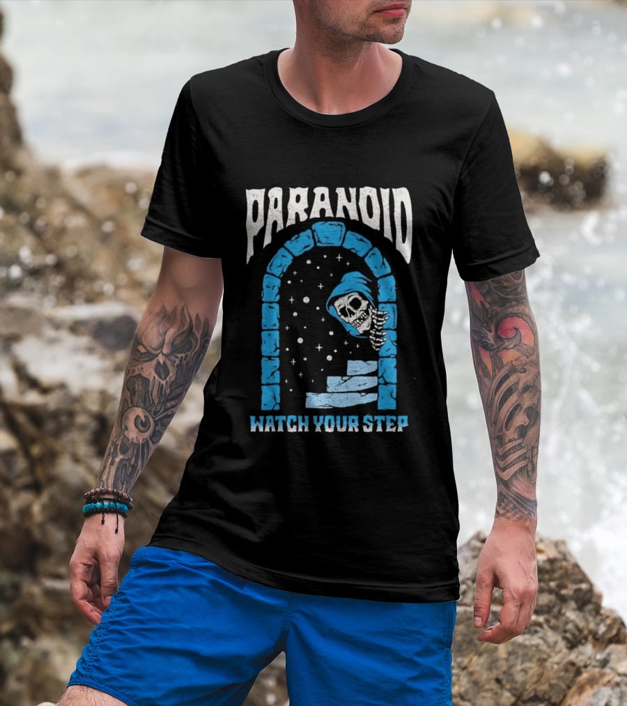 Paranoid Skeleton Peeking Stone Archway Your Step T-Shirt